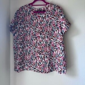 Lands' End 100%‎ Linen Leaf Print Blouse coral rust hunter green cream FLAW READ